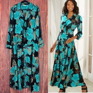 Soft Surroundings Maxi Dress Womens XL Rosalinda Collared Floral Turquoise Long